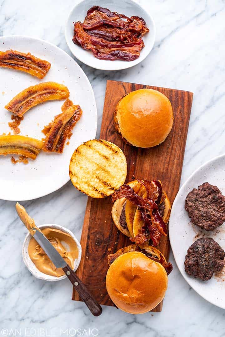 spread of burgers with bacon peanut butter and caramelized bananas