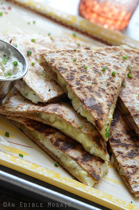 “His” and “Hers” Fresh Corn Quesadillas with Roasted Garlic and Chive Crema 3