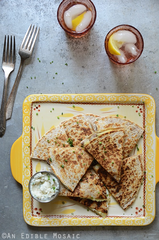 “His” and “Hers” Fresh Corn Quesadillas with Roasted Garlic and Chive Crema