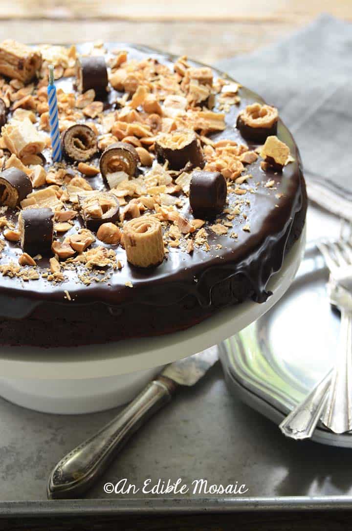 Chocolate Hazelnut Cake Recipe on Cake Stand with Vintage Knife and Plates on Metal Tray