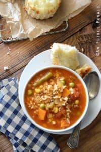 Easy Alphabet Soup Recipe in White Bowl with Savory Scones