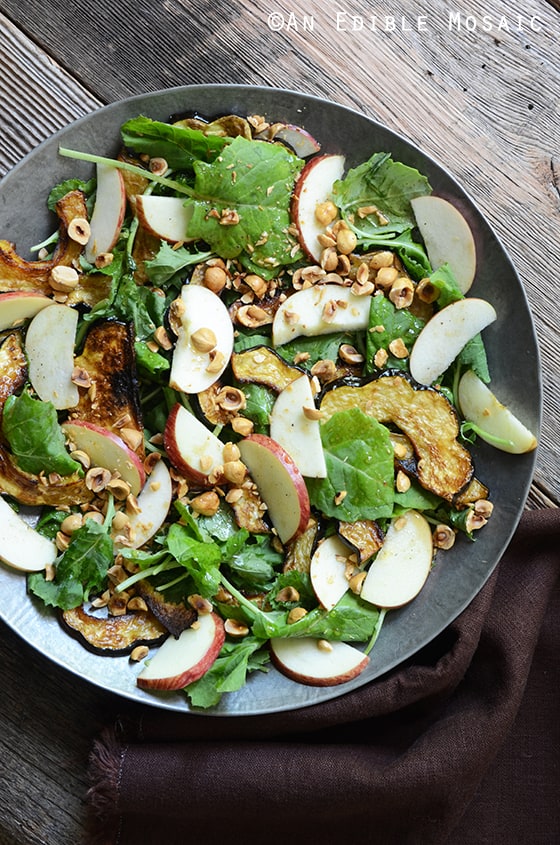 Harvest Kale Salad with Roasted Acorn Squash, Toasted Hazelnuts, and Apple-Cinnamon Dressing