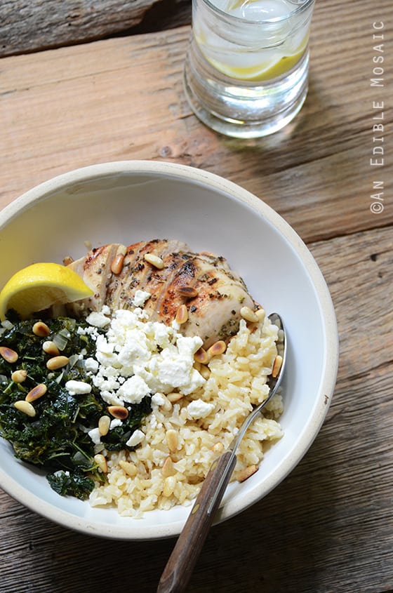 Herbed Chicken and Brown Rice Spanakopita Bowls