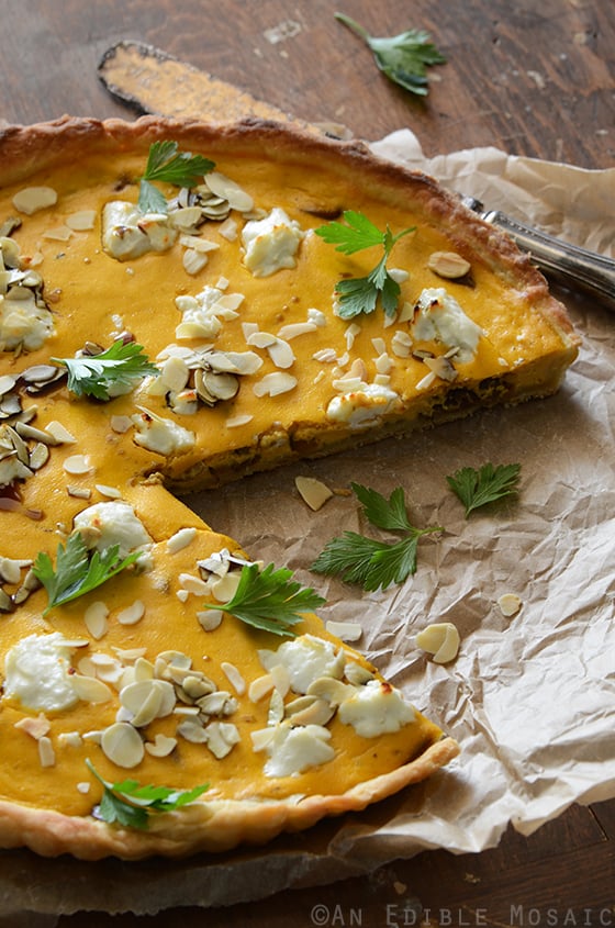 Savory Pumpkin, Ricotta, and Caramelized Onion Tart with Goat Cheese