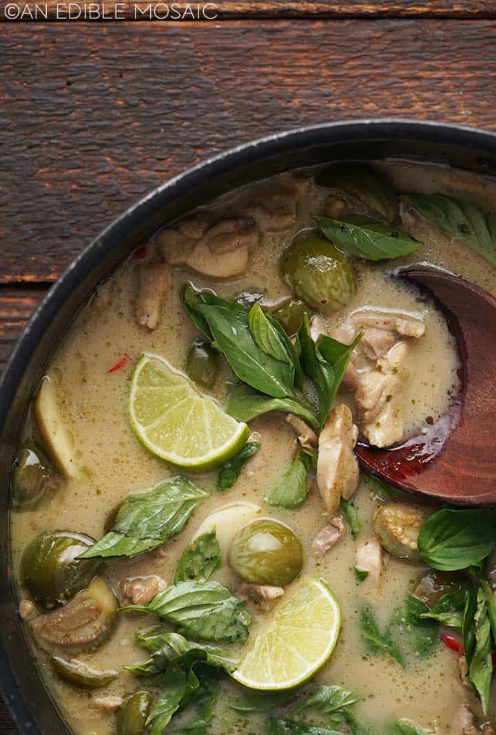 overhead view of thai green curry in skillet