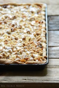 Apple Slab Pie with Nutty Oat Crumble Topping in Tray on Wooden Table