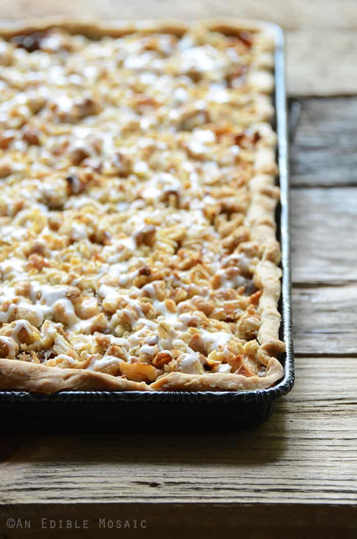 Apple Slab Pie with Nutty Oat Crumble Topping in Tray on Wooden Table