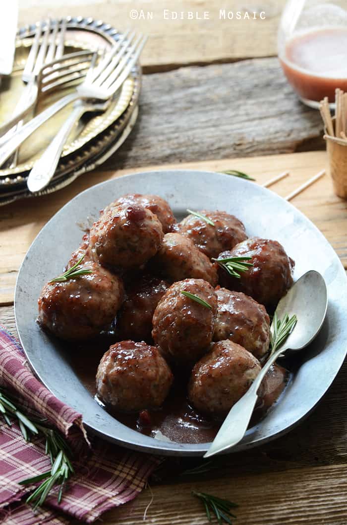 Herbed Roquefort-Stuffed Turkey Meatballs with Cranberry Apple Glaze