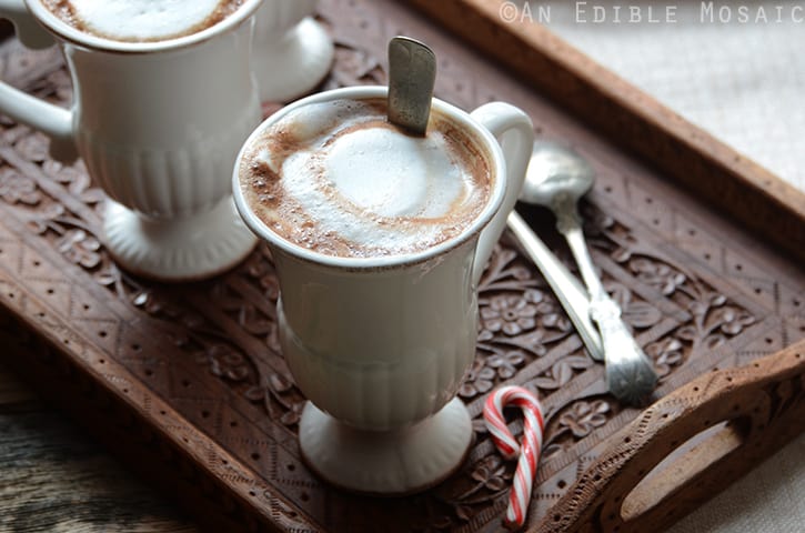 Skinny Peppermint Mocha Latte Recipe in White Mugs on Ornate Wooden Tray