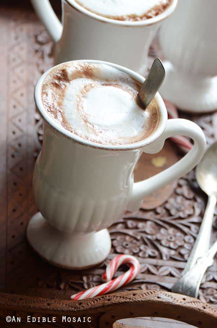 Close Up Front View of Skinny Peppermint Mocha Latte Recipe in White Mug
