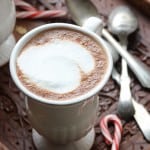 Skinny Vanilla-Peppermint Mocha Lattes on Vintage Wooden Tray with Vintage Spoons
