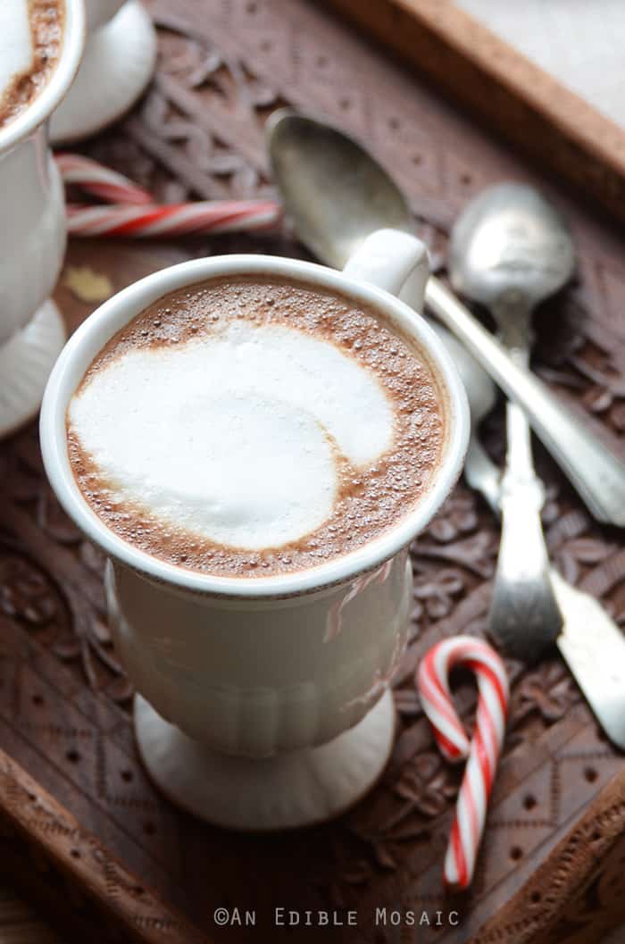 Skinny Vanilla-Peppermint Mocha Lattes on Vintage Wooden Tray with Vintage Spoons