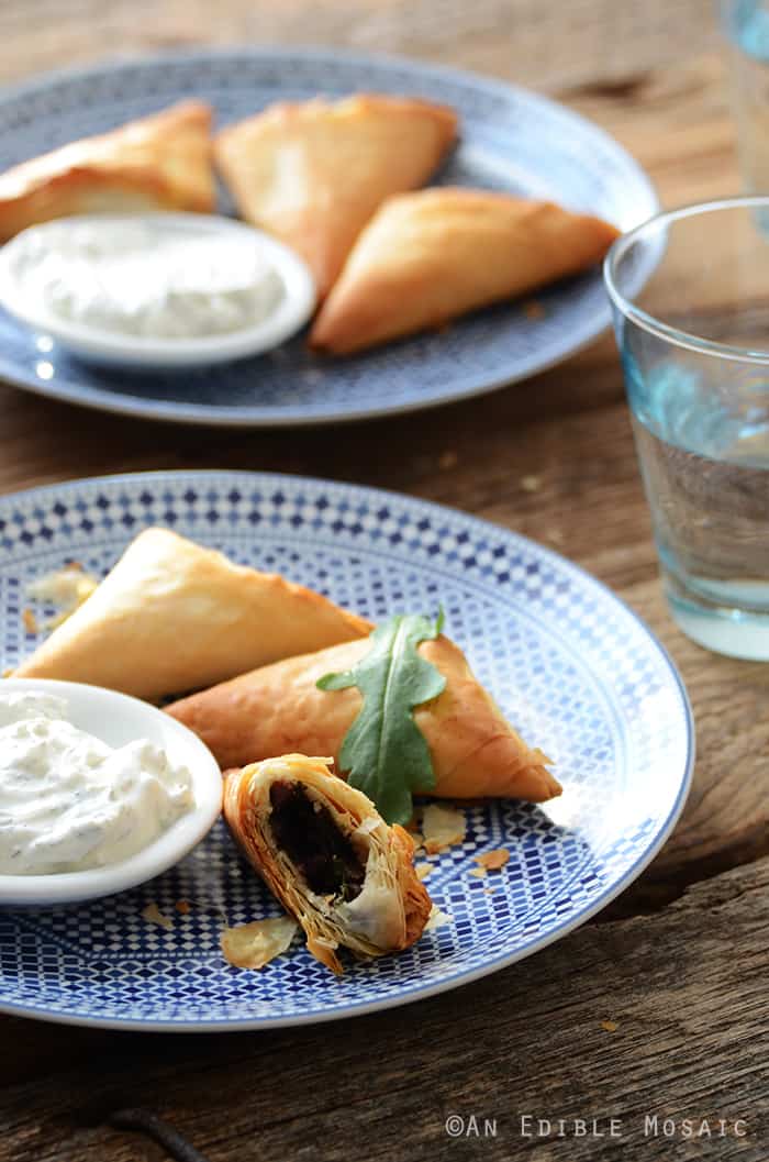 Crispy Baked Kale Phyllo Triangles with 3-Ingredient Feta Yogurt Dip 2