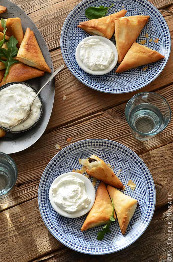 Crispy Baked Kale Phyllo Triangles with 3-Ingredient Feta Yogurt Dip 3