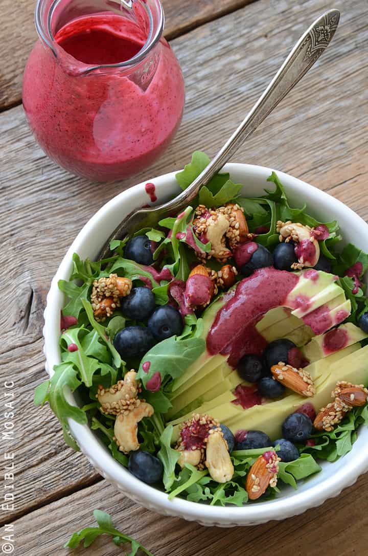 Arugala Breakfast Salad with Stovetop Maple Nut Brittle and Blueberry Lemon Dressing 2