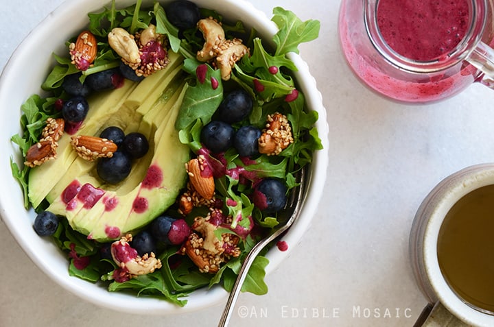 Arugala Breakfast Salad with Stovetop Maple Nut Brittle and Blueberry Lemon Dressing 3