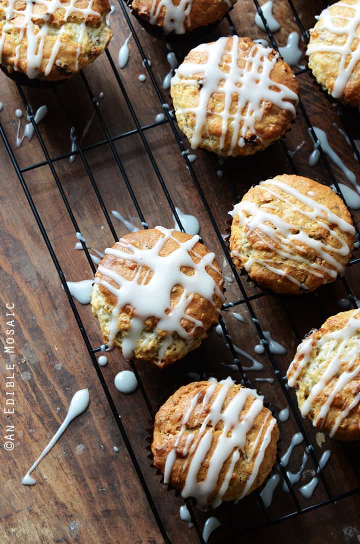 Top View of Oatmeal Golden Raisin Muffins with Cream Cheese Glaze