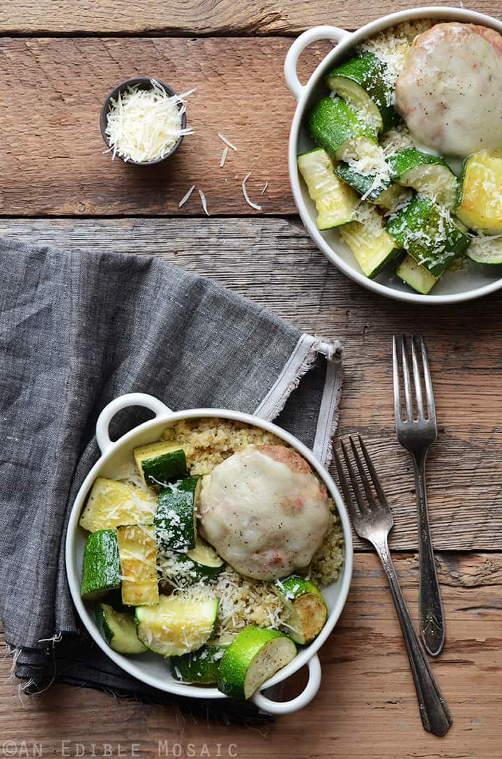 Tomato-Basil Turkey Burgers with Garlicky Zucchini and Quinoa