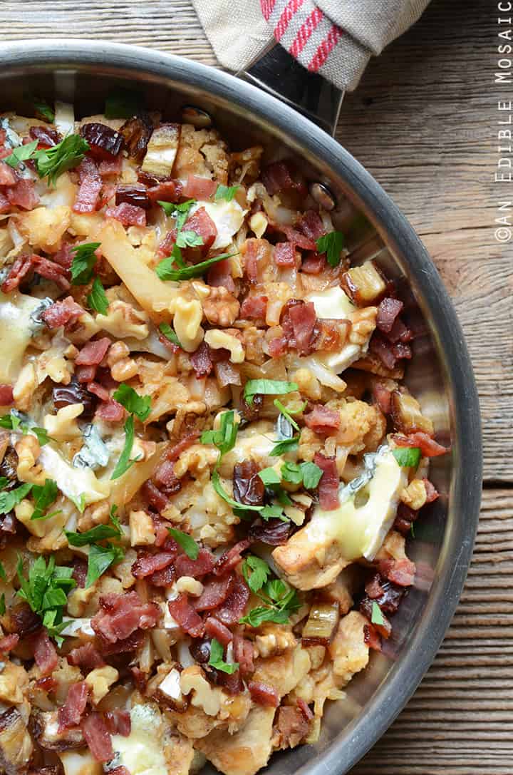 Blue Cheese, Chicken, and Cauliflower Skillet with Bacon, Walnut, and Date Topping 2