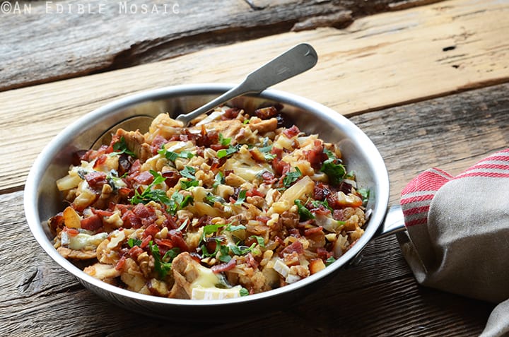 Blue Cheese, Chicken, and Cauliflower Skillet with Bacon, Walnut, and Date Topping 4