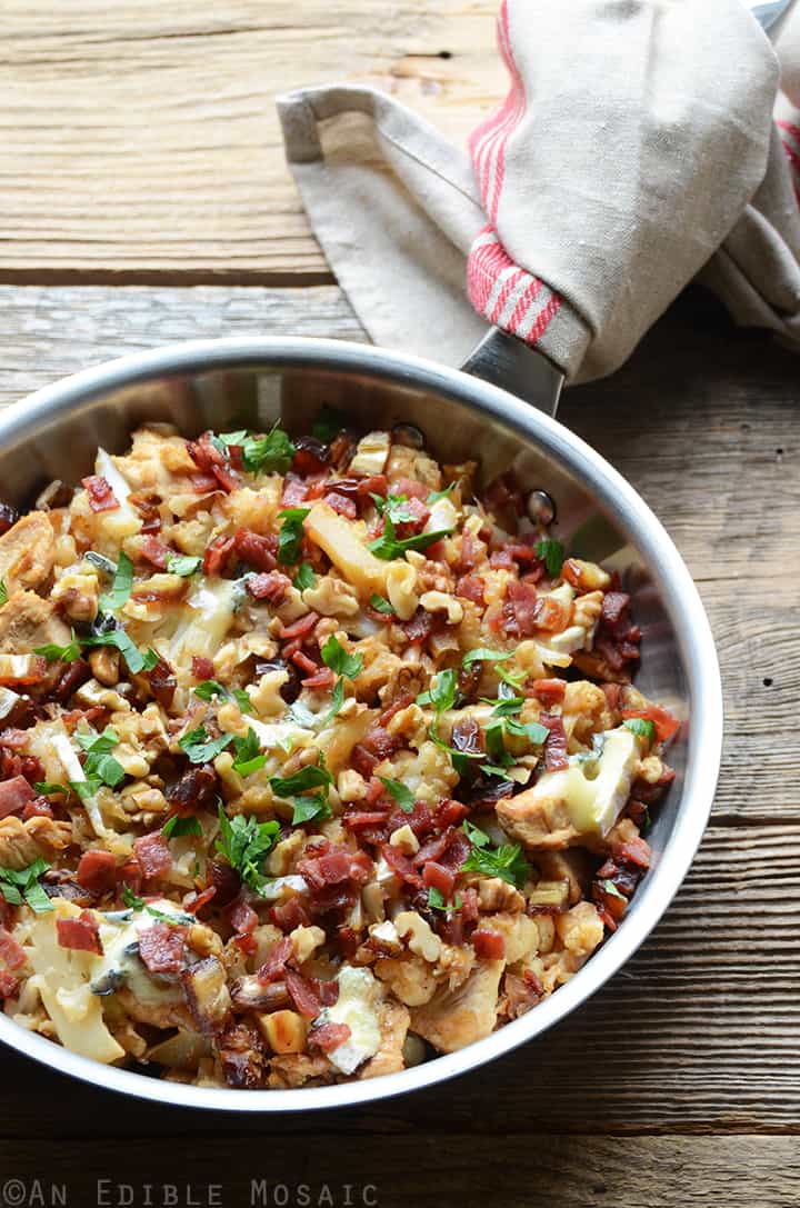 Blue Cheese, Chicken, and Cauliflower Skillet with Bacon, Walnut, and Date Topping