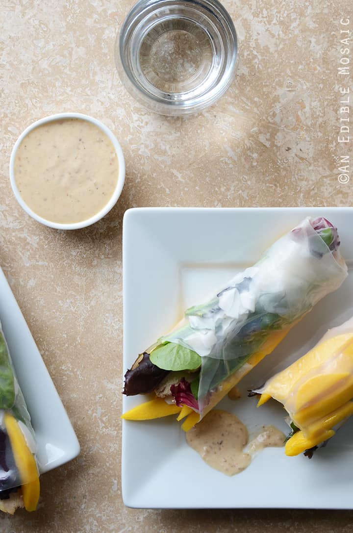 Mango Coconut Chicken Rolls with Spring Mix and Sesame-Ginger Sauce