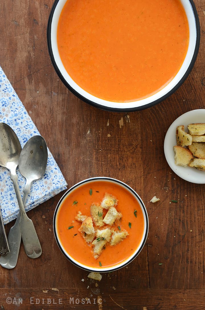 Roasted Red Pepper Soup with Cheesy Herb and Garlic Croutons 2