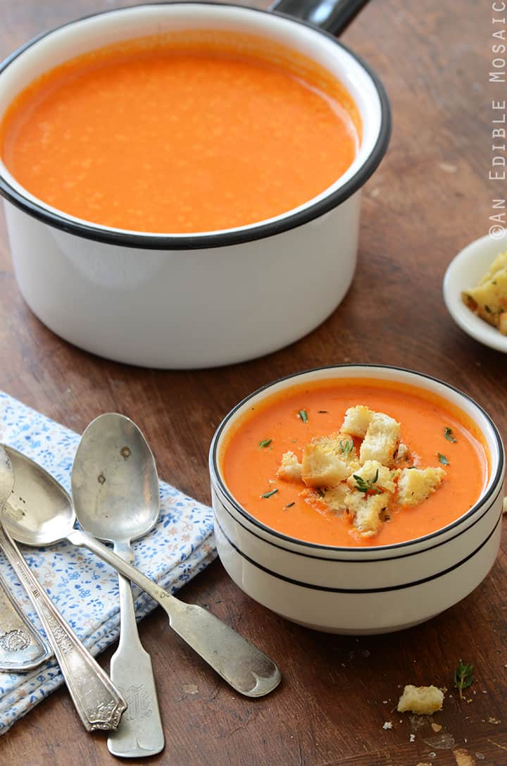 Roasted Red Pepper Soup with Cheesy Herb and Garlic Croutons