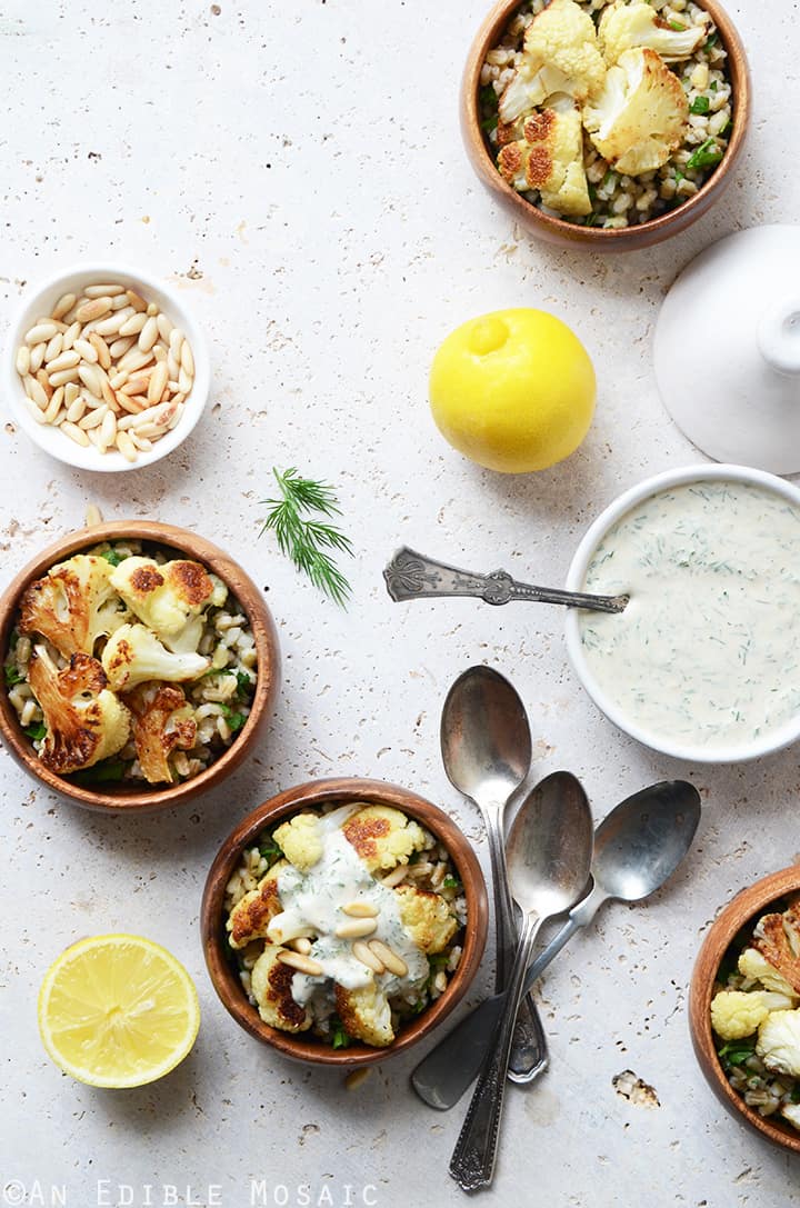 Roasted Cauliflower and Pearl Barley Bowls with Creamy Tahini-Dill Dressing