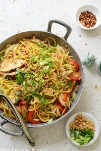 Thai Noodles Recipe in Metal Dish on Marble Countertop