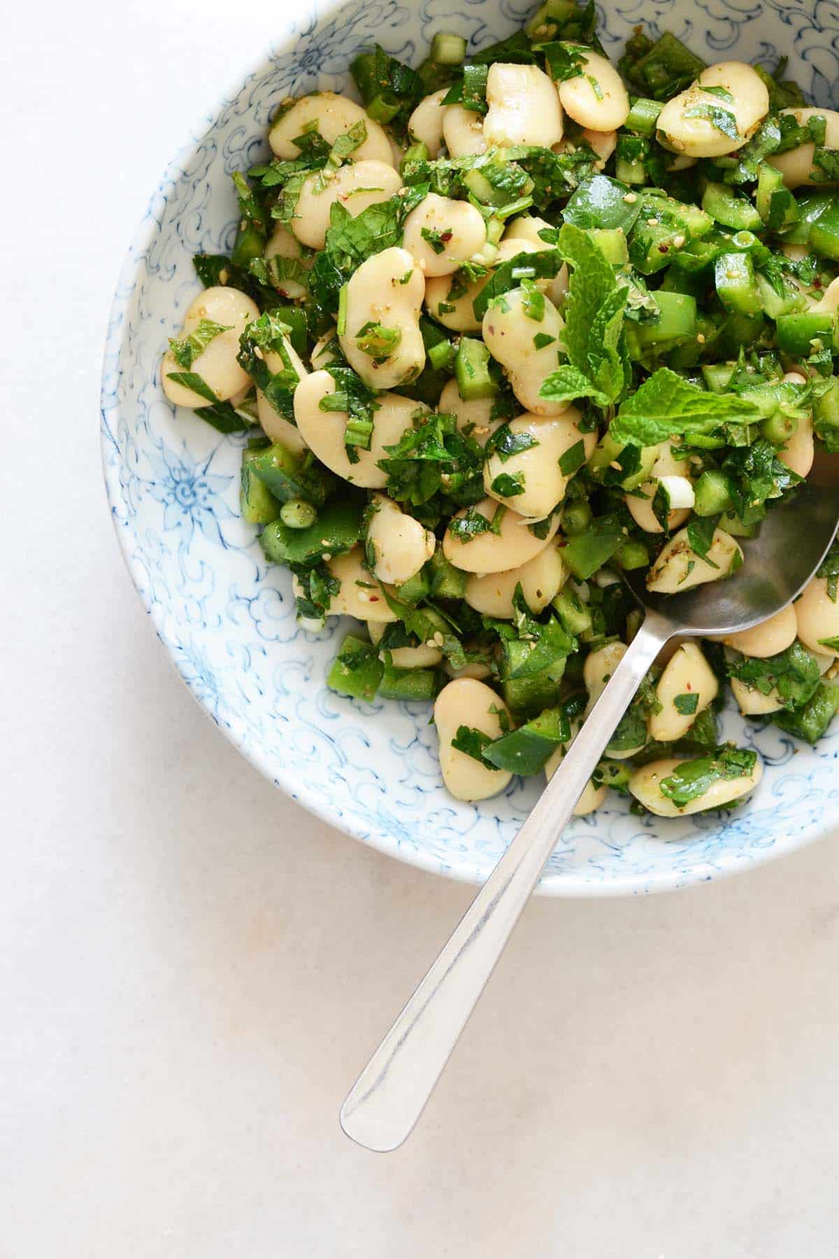 vegan butter bean salad in middle eastern bowl on white marble countertop