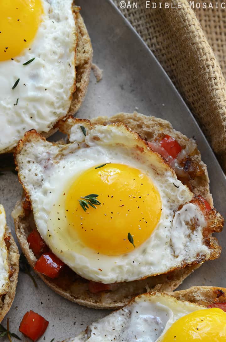 Cheesy English Muffins with Smoky Balsamic Red Pepper Compote and Fried Eggs 2