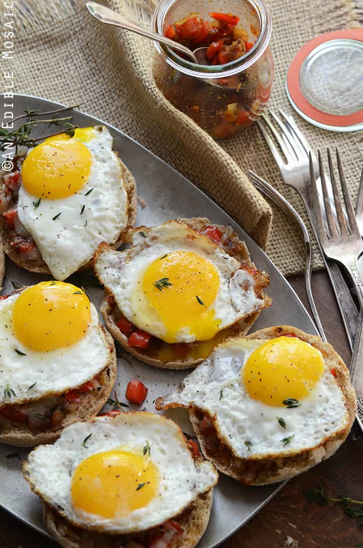 Cheesy English Muffins with Smoky Balsamic Red Pepper Compote and Fried Eggs 3