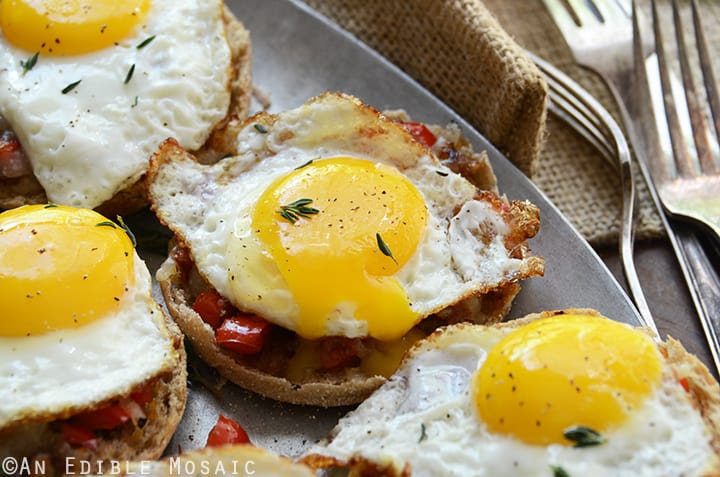 Cheesy English Muffins with Smoky Balsamic Red Pepper Compote and Fried Eggs 5