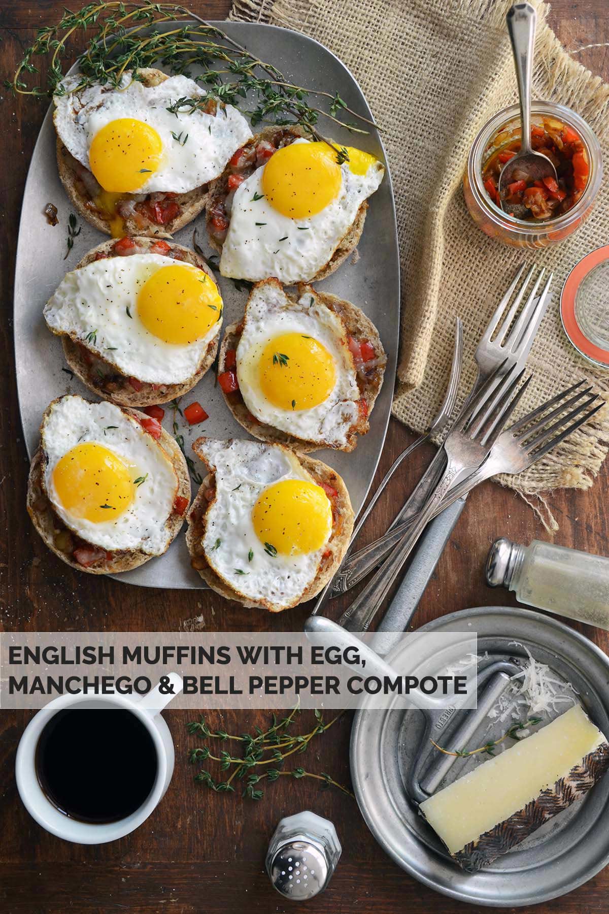 English muffins with egg manchego cheese and balsamic bell pepper compote recipe pin