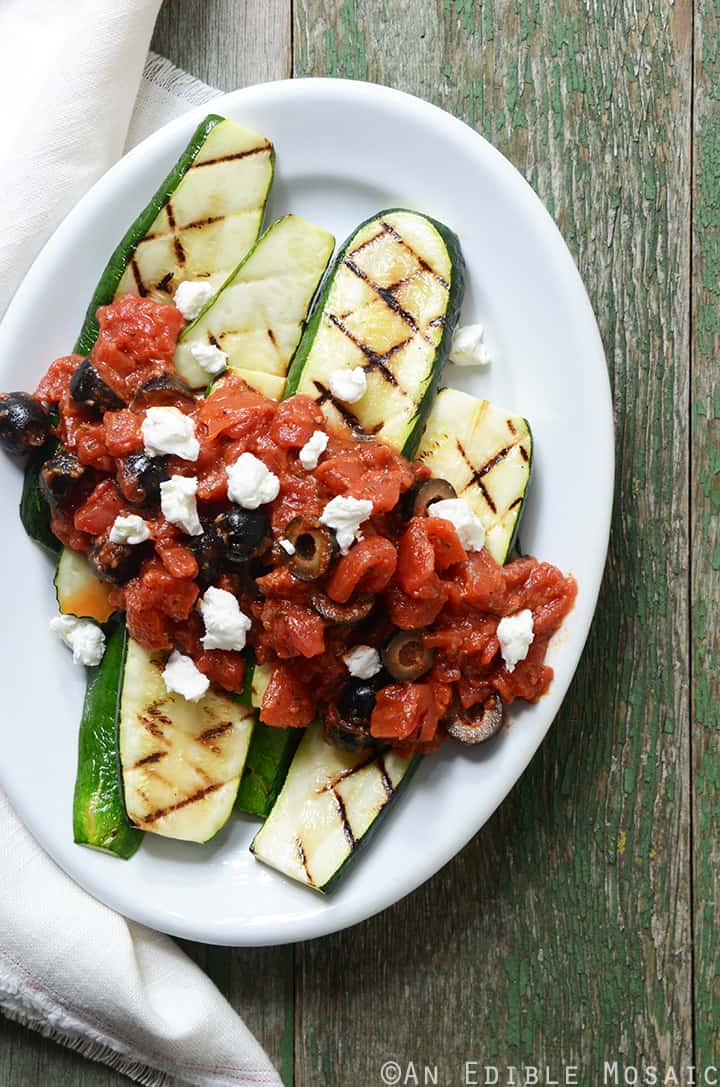 Grilled Zucchini with Quick Tomato-Olive Sauce and Feta Cheese