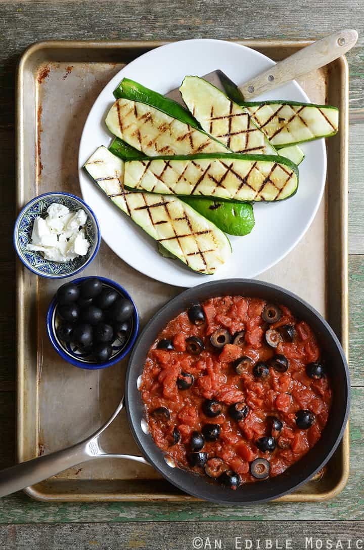 Grilled Zucchini with Quick Tomato-Olive Sauce and Feta Cheese Components