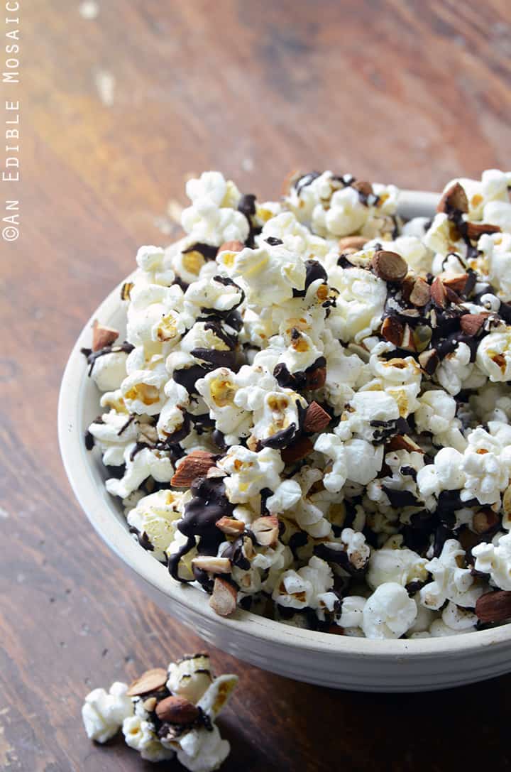Easy Chocolate-Drizzled Coffee Popcorn with Toasted Almonds
