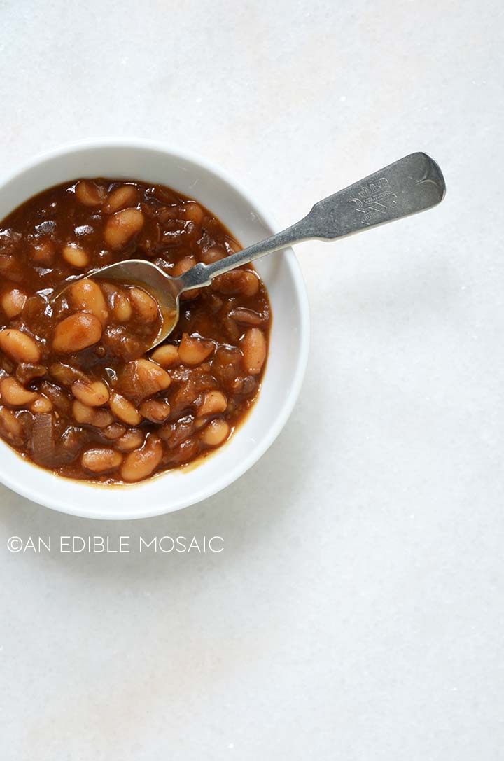 Baked Beans in White Bowl with Spoon