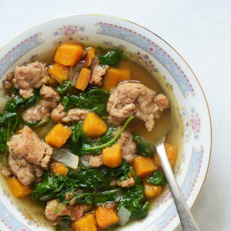 slow cooker lentil sweet potato sausage soup featured image