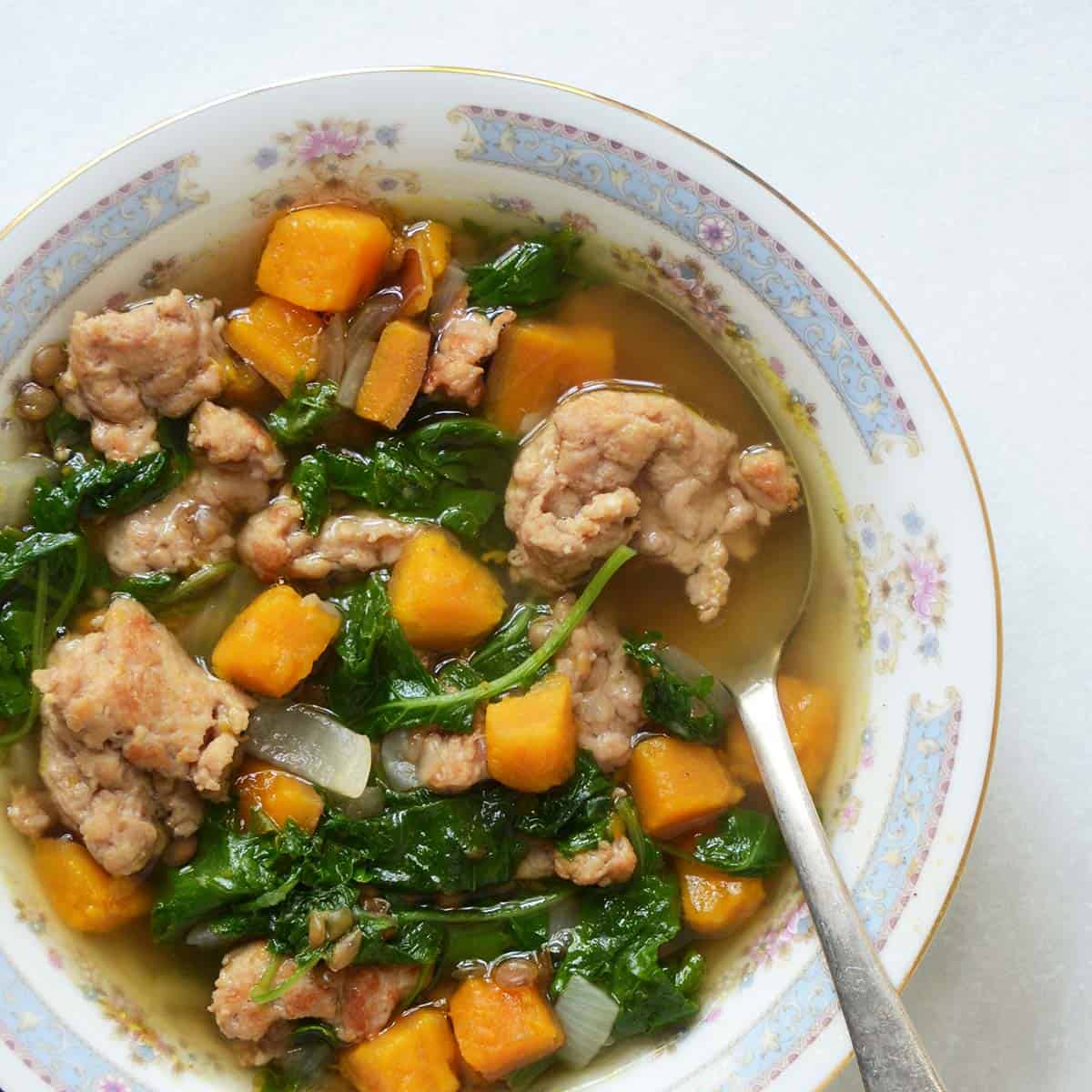 slow cooker lentil sweet potato sausage soup featured image