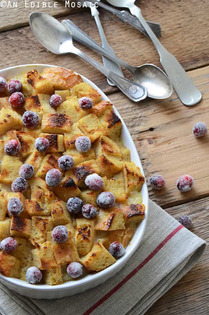 Orange and Nutmeg-Scented Brown Sugar Bread Pudding with Melted Brie and Sugared Cranberries