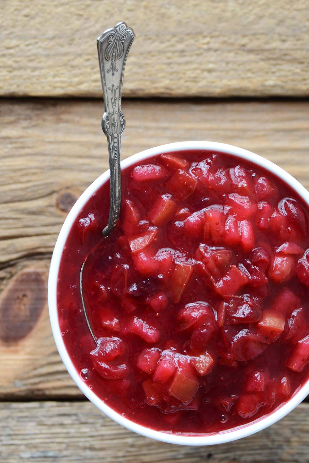 top view of from scratch cranberry sauce made with fresh pears