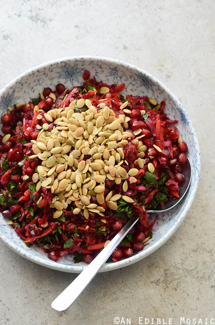 Beet and Carrot Salad with Pomegranate and Pumpkin Seeds