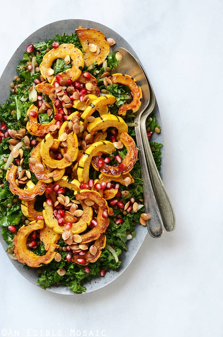 Detox Roasted Delicata Squash, Pardina Lentil, and Kale Salad with Maple-Pear Balsamic Vinaigrette {Vegan}