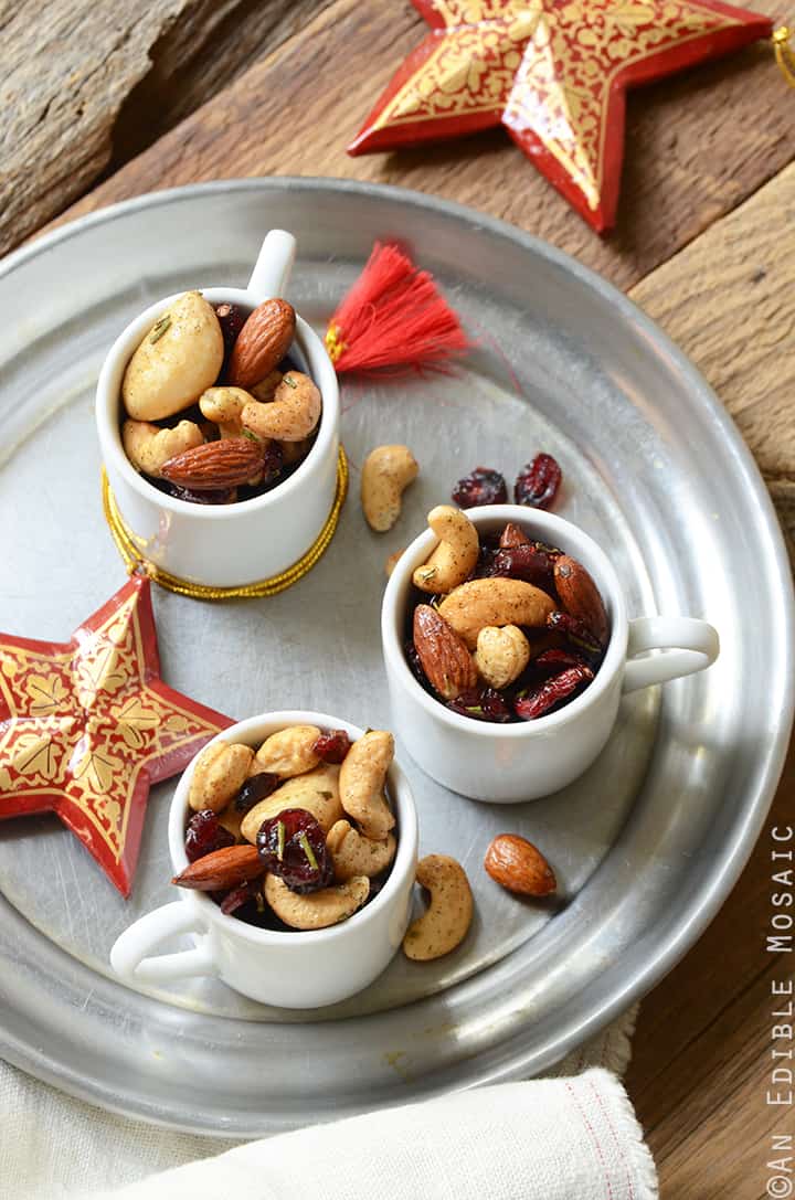 Festive Vanilla Bean Mixed Nuts with Rosemary and Cranberries