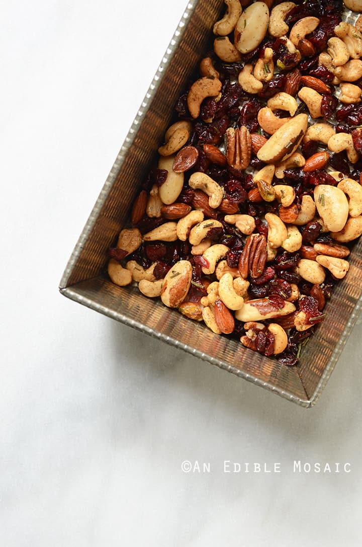 Festive Vanilla Bean Mixed Nuts with Rosemary and Cranberries on Tray