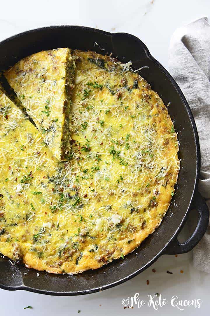 Close Up Top View of Frittata in Cast Iron Skillet