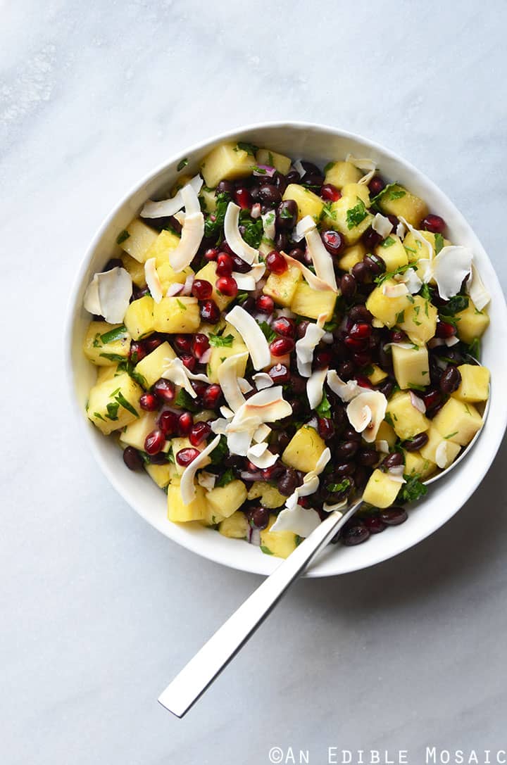Pineapple Black Bean Salad with Pomegranate Arils and Coconut Chips {Vegan}