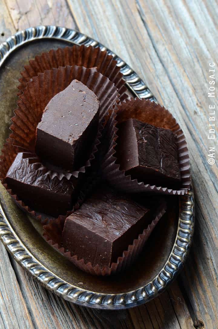 Protein Chocolate Fudge on Vintage Plate {Gluten-Free; Vegan}